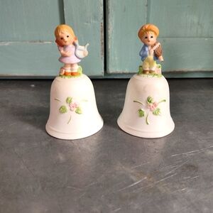 Pair of Vintage HOMCO Bells 1416 Boy Violin Girl Harp Flowers Collectible Decor